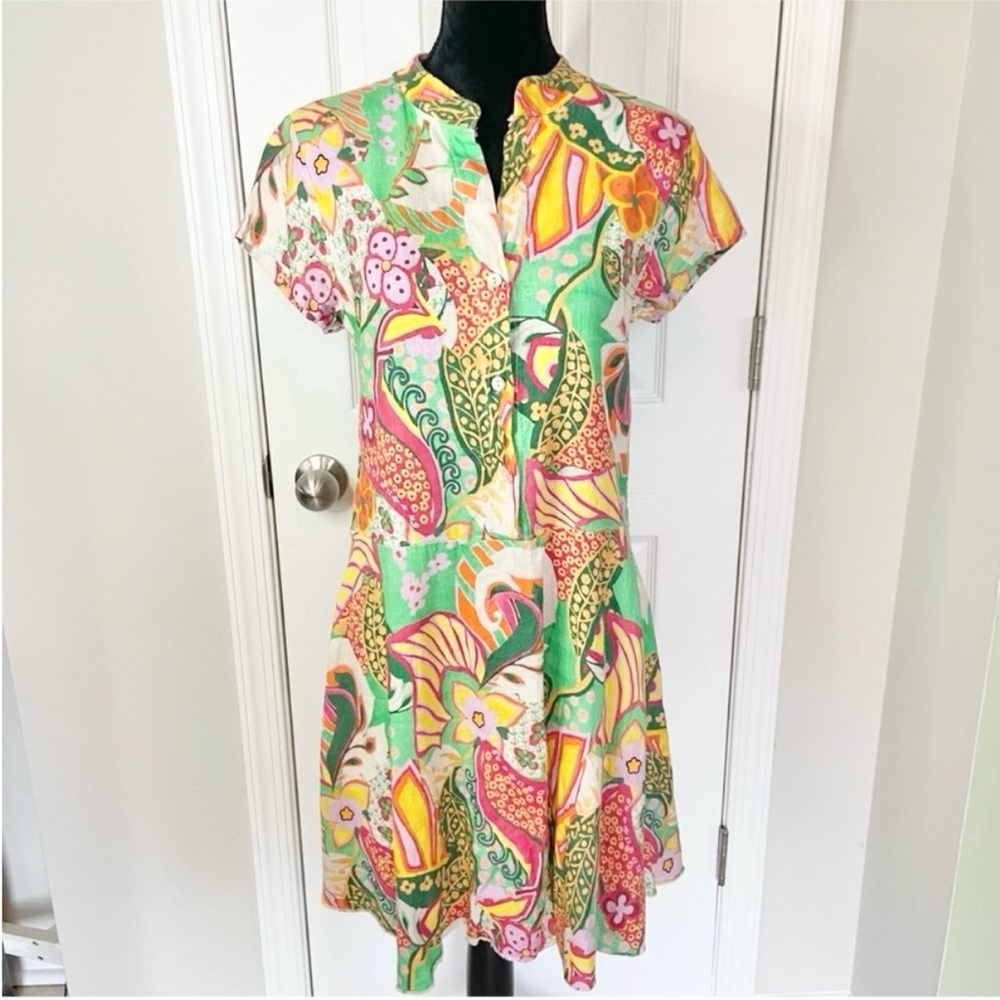 Cristina Vergani 100% Linen Multi Color Floral Button Front Shirt Dress Small